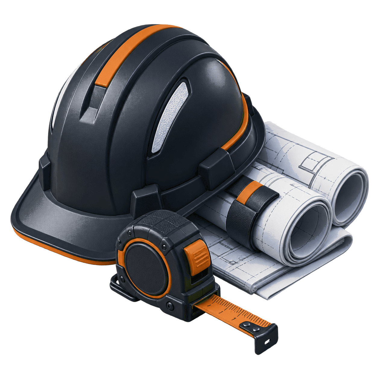 3D hard hat, plans, and tape measure for an active project