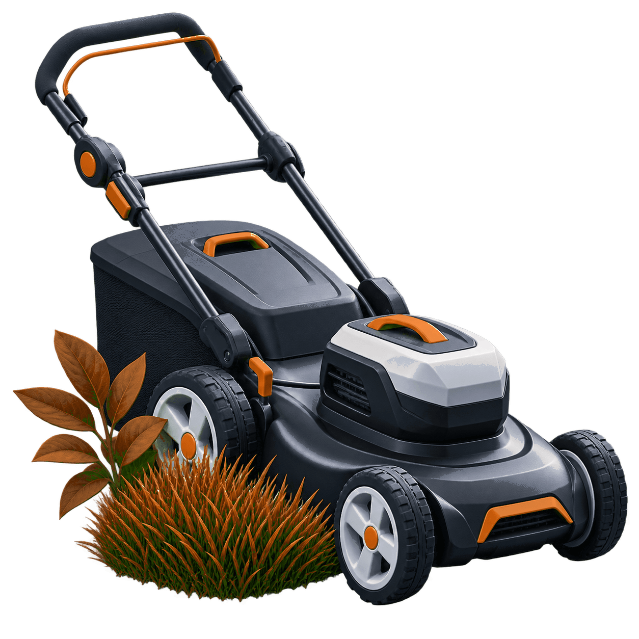3D lawn mower with a grass and leaf detail